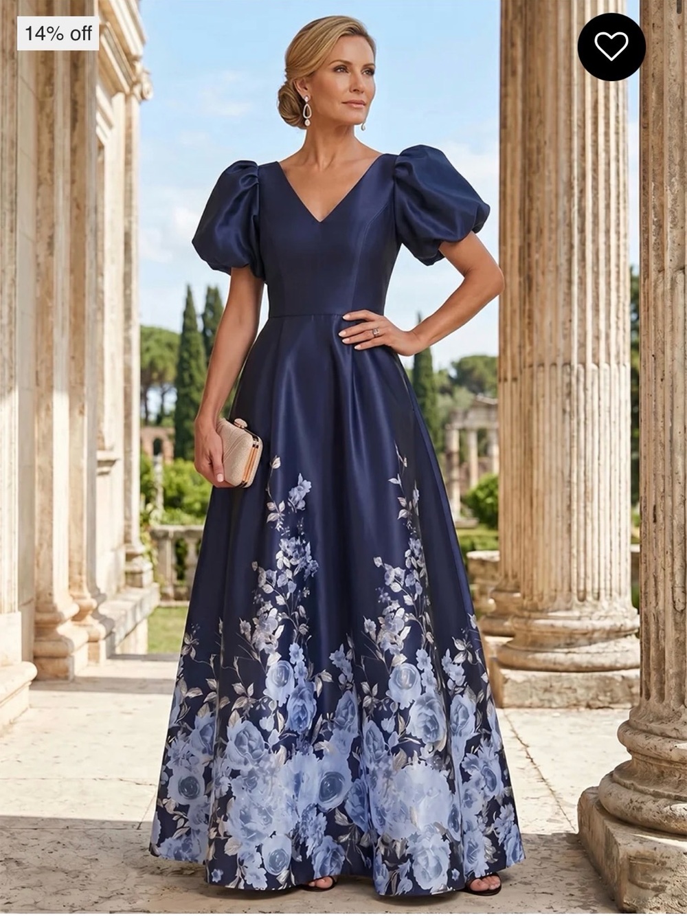 A-Line Navy Floral Evening Dress
